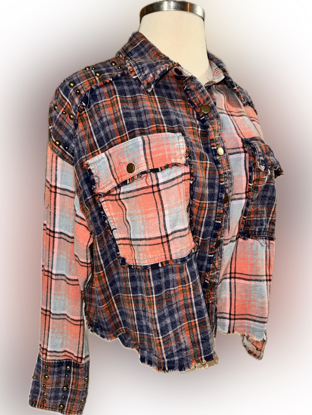 Oli & Hali Orange and Navy Distressed Plaid Button-Up Jacket size Medium